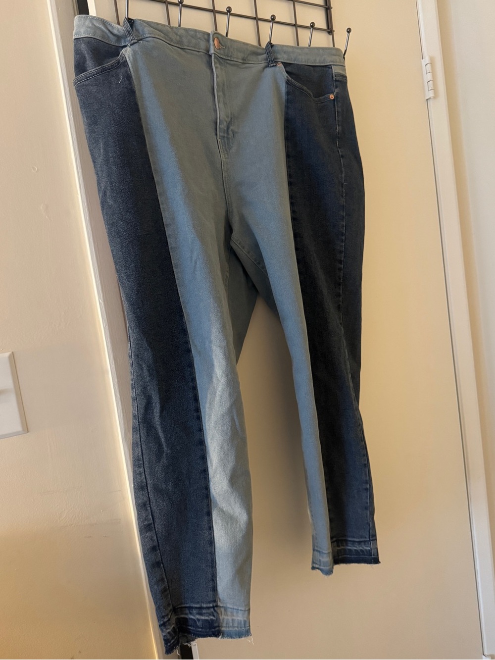 Black Tape_ Two-Tone high rise Jeans in Light and Dark Blue